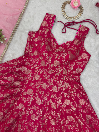 Pink Jacquard Silk Ready to Wear Gown For Girls