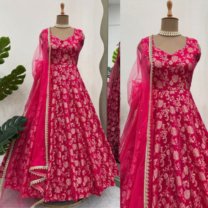 Pink Jacquard Silk Ready to Wear Gown For Girls