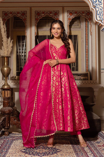 Pink Jacquard Silk Ready to Wear Gown For Girls