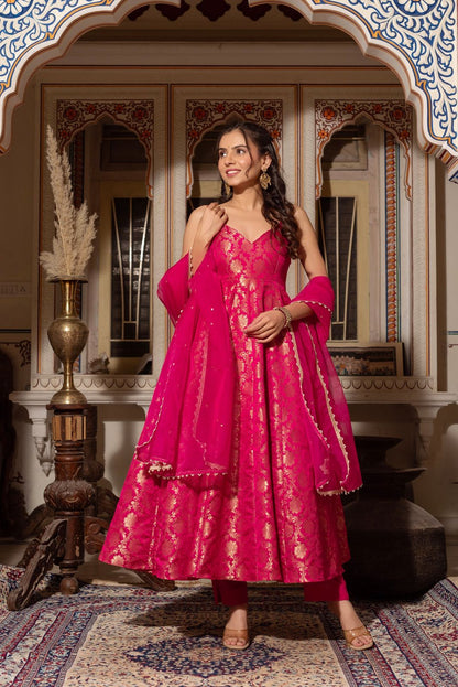 Pink Jacquard Silk Ready to Wear Gown For Girls