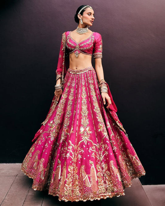 Pink Color Tafeta Silk Embroidered Semi Stitched Lehenga Choli