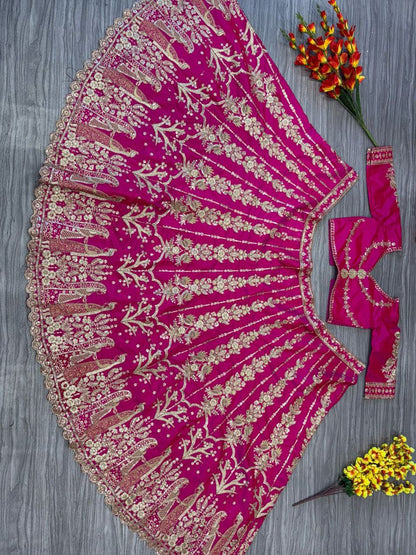 Pink Color Tafeta Silk Embroidered Semi Stitched Lehenga Choli