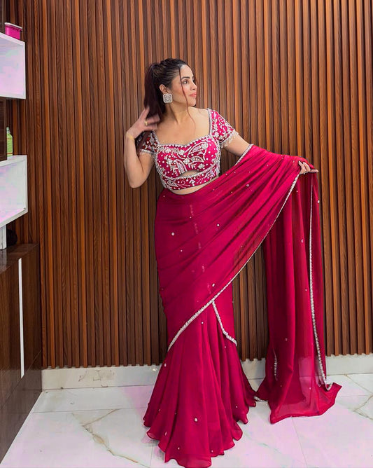 Pink Color 1 Min Ready to Wear Ruffle Style Georgette Lehenga Saree