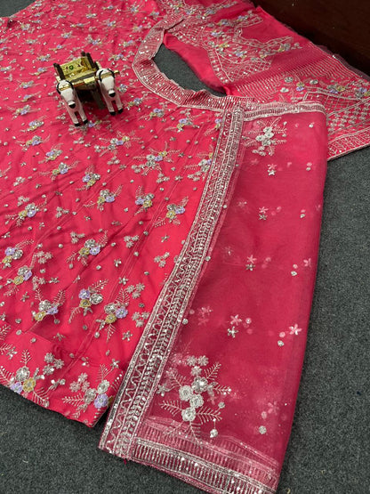 Carrot Pink Soft Net Sequence Semi Stitched Lehenga Choli