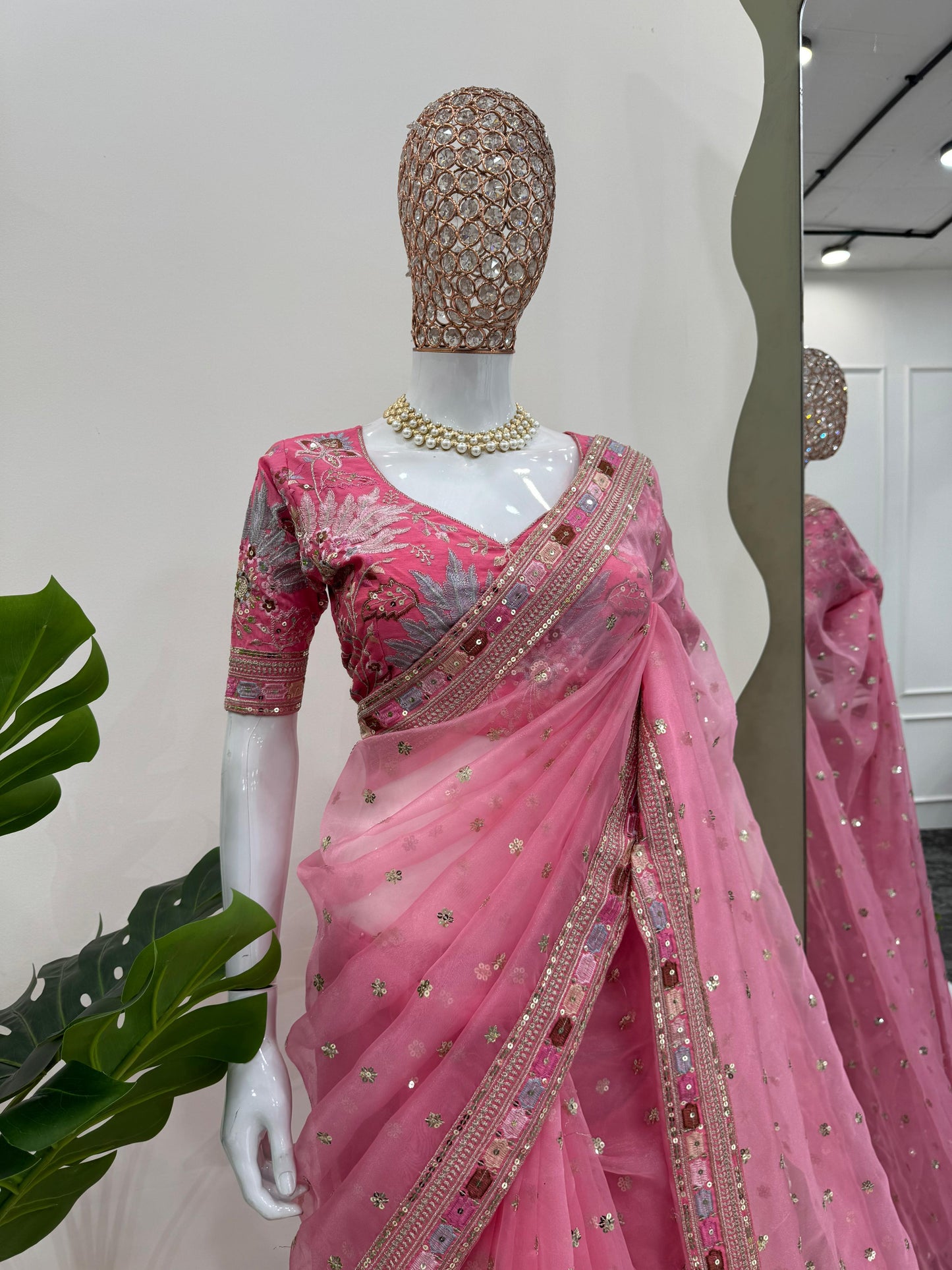 Pink Color Organza Designer Saree