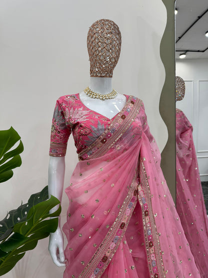 Pink Color Organza Designer Saree