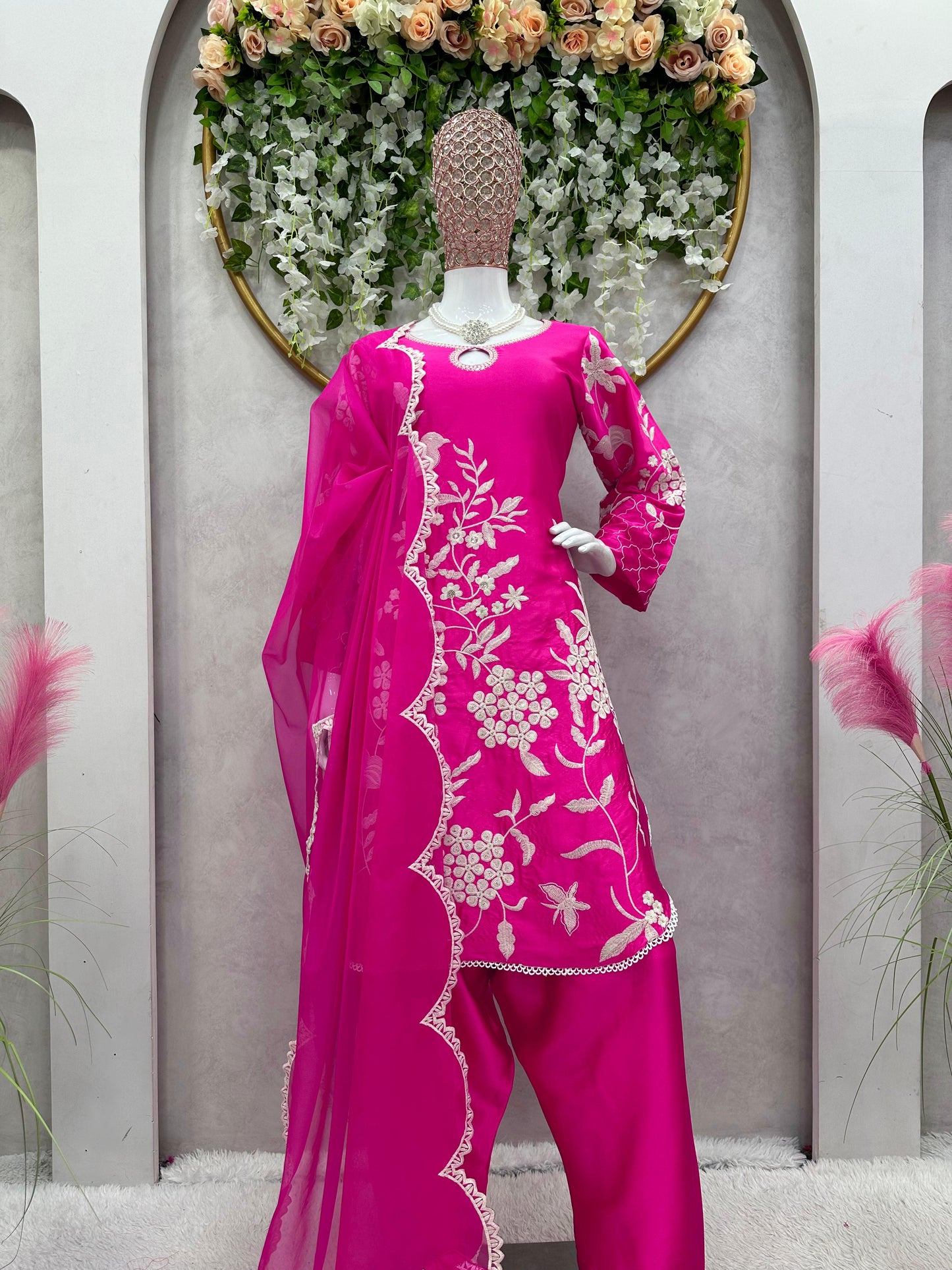 Pink Silk Thread Work Ready to wear Patiyala Suit For Women