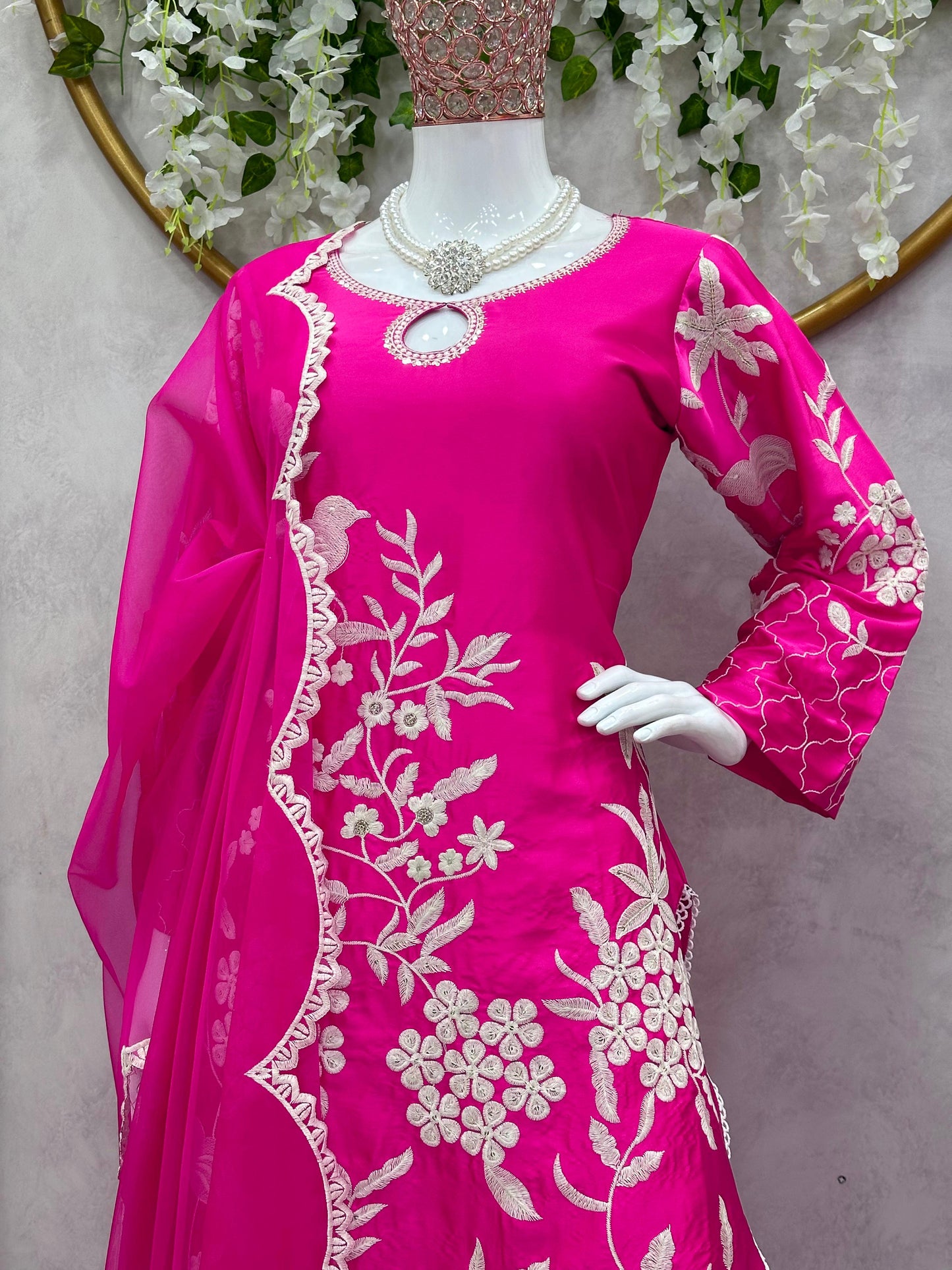 Pink Silk Thread Work Ready to wear Patiyala Suit For Women