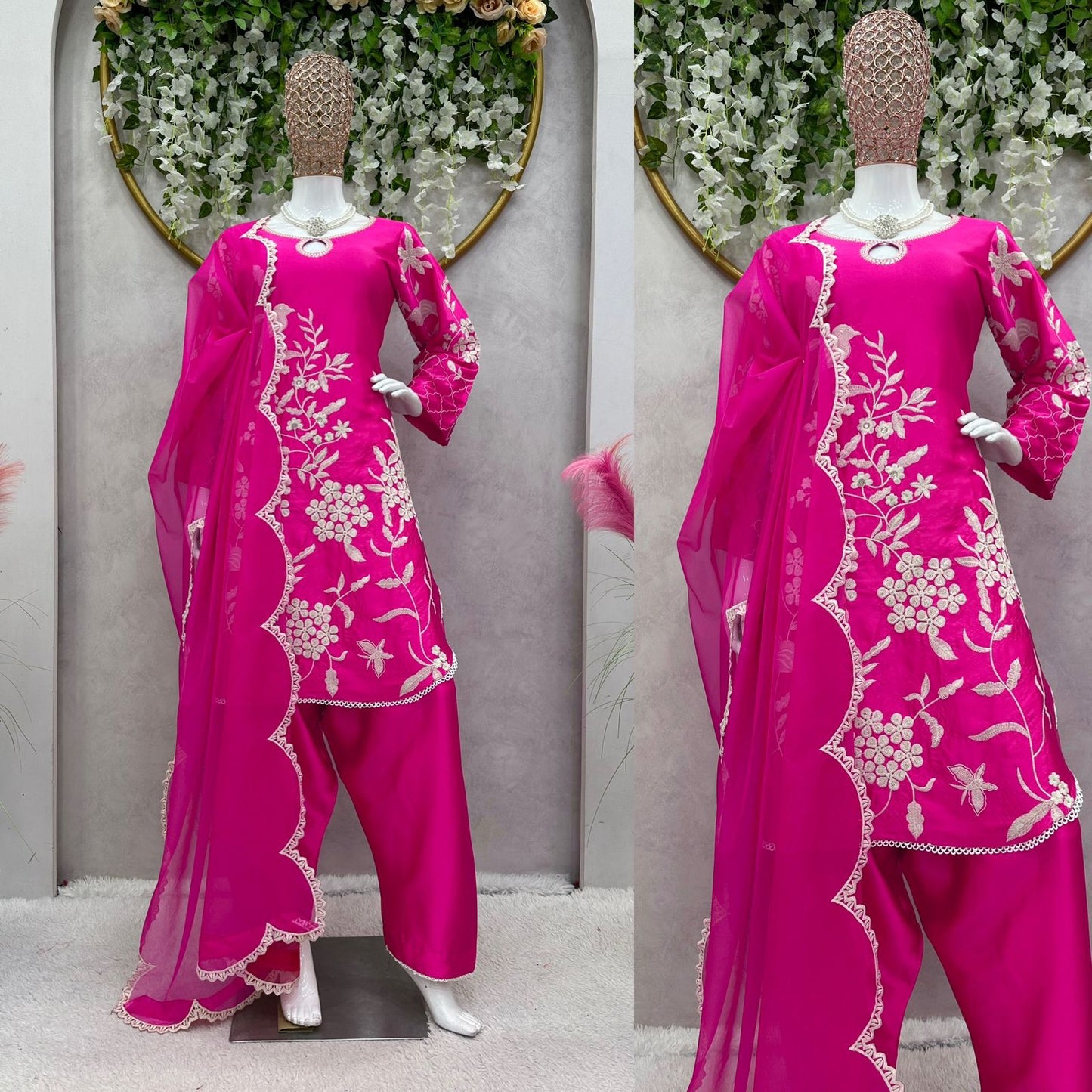 Pink Silk Thread Work Ready to wear Patiyala Suit For Women
