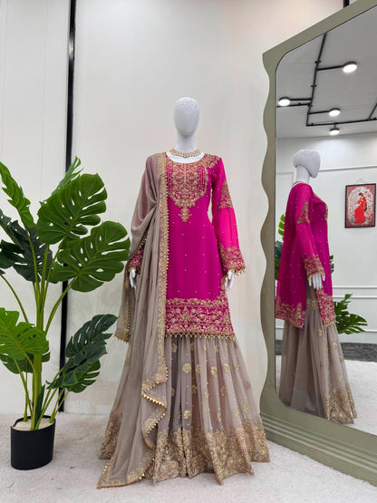 Pink Color Georgette Embroiderd Full Stiched Sharara Suit