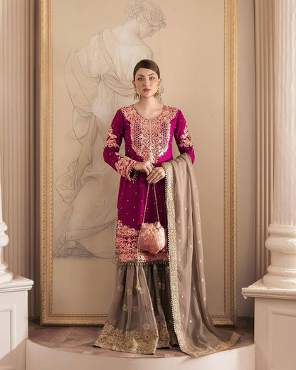 Pink Color Georgette Embroiderd Full Stiched Sharara Suit