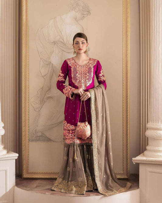 Pink Color Georgette Embroiderd Full Stiched Sharara Suit