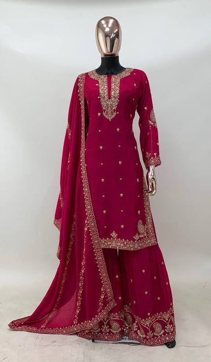 Pink Color Chion Embroidered Work Full Stiched Sharara Suit
