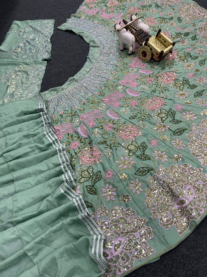 Pista Color Chinon Silk Lehenga Choli With Cancan & Canvas Patta