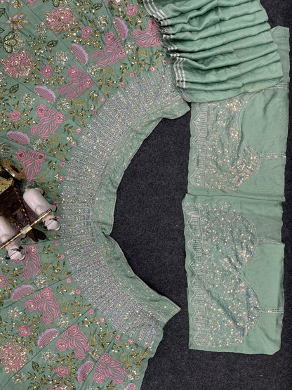 Pista Color Chinon Silk Lehenga Choli With Cancan & Canvas Patta