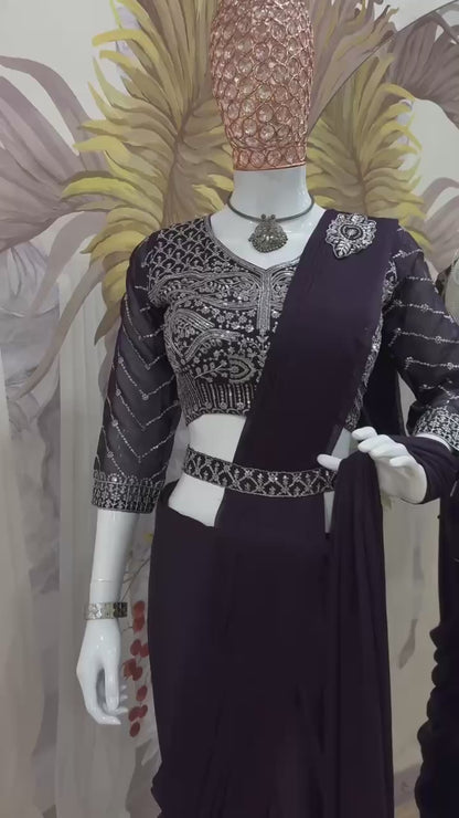 Ready to Wear 1 Min Dark Wine Silk Saree With Stitched Blouse