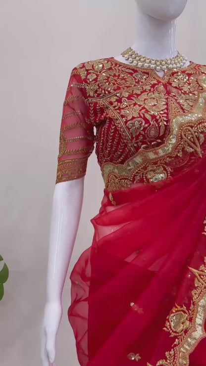 Red Color Heavy Organza Silk Saree Blouse