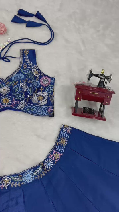 Floral Work Blue Color Chinon Silk Heavy Lehenga Choli