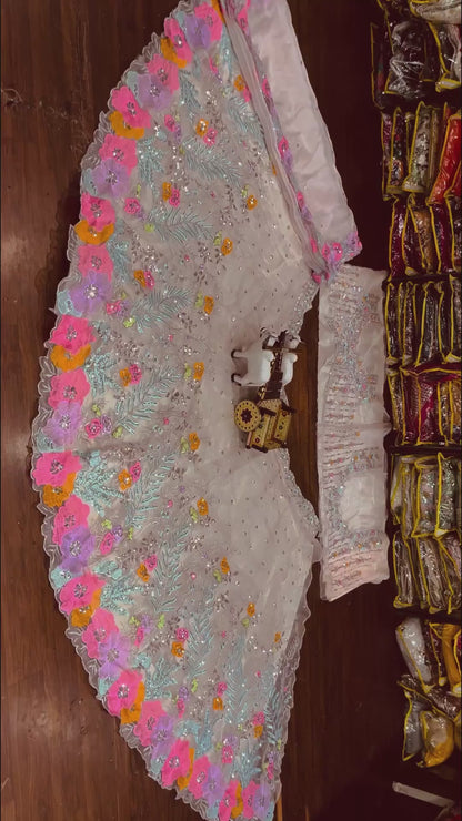 Wedding Wear Colorful Floral Work Organza Silk Lehenga Choli