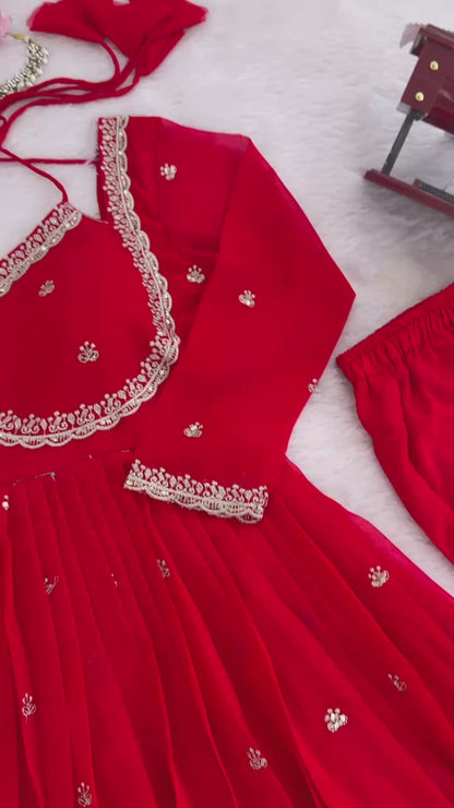 Red Georgette Anarkali Suit Set with 4-Meter Flair Fully Stiched