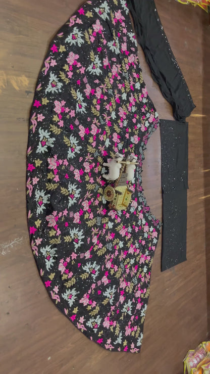 Floral Thread Sequence Work Black Lehenga Choli