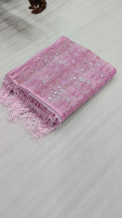 Pink Soft Net Sequence Work Fancy Designer Saree With Embroidered Blouse