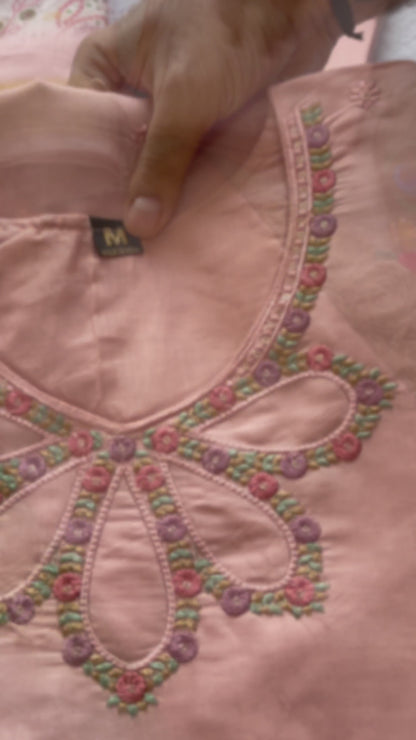 Peach Roman Silk Full Stitched Salwar Suit Set