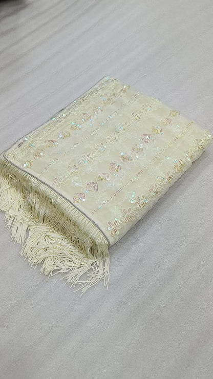 Amazing Ivory Soft Net Sequence Work Saree With Embroidered Blouse