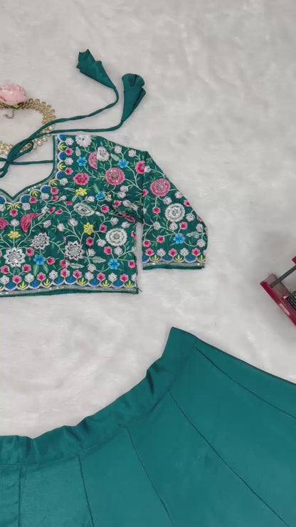Green Color Floral Work Silk Semi Stitched Lehenga Choli