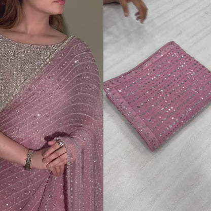 Party Wear Georgette Saree With Heavy Sequins Embroidery