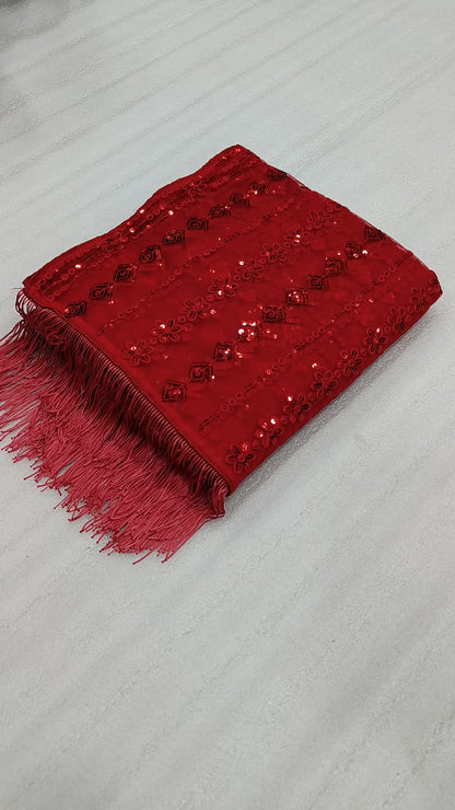 Party Wear Red Soft Net Sequence Work Designer Saree With Embroidered Blouse