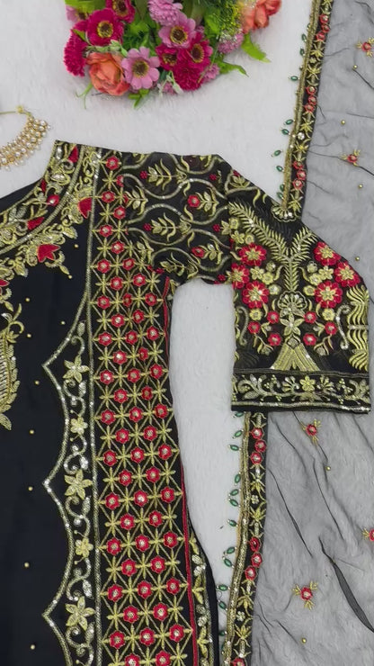 Black Georgette Jari Embroidered Stitched Salwar suit