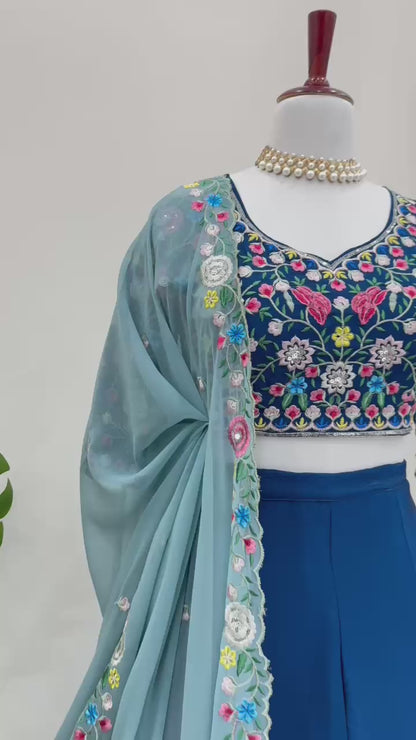 Blue Color Floral Work Silk Semi Stitched Lehenga Choli