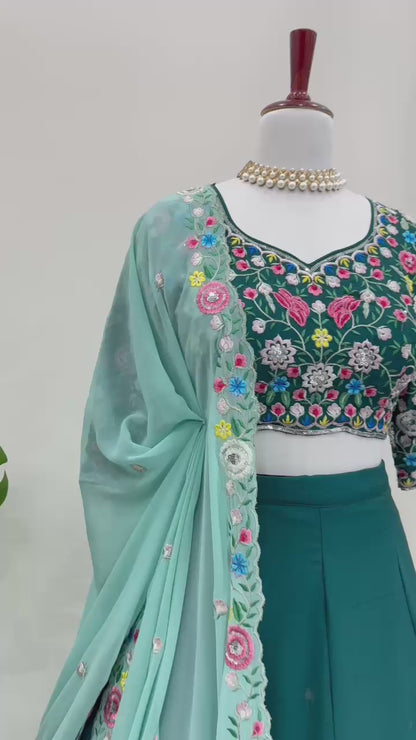 Green Color Floral Work Silk Semi Stitched Lehenga Choli