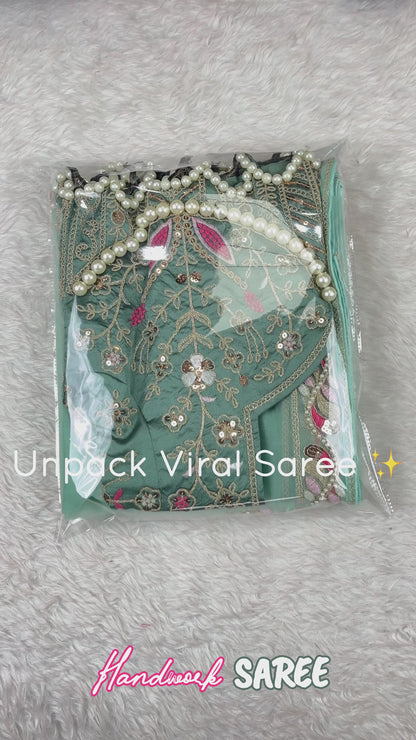 Sky Color Soft Net Saree With Heavy Pearl HandWork Blouse