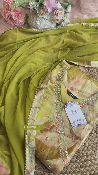 Mehndi Green Pure Georgette Handwork Readymade Suit Set For Any Girls Women