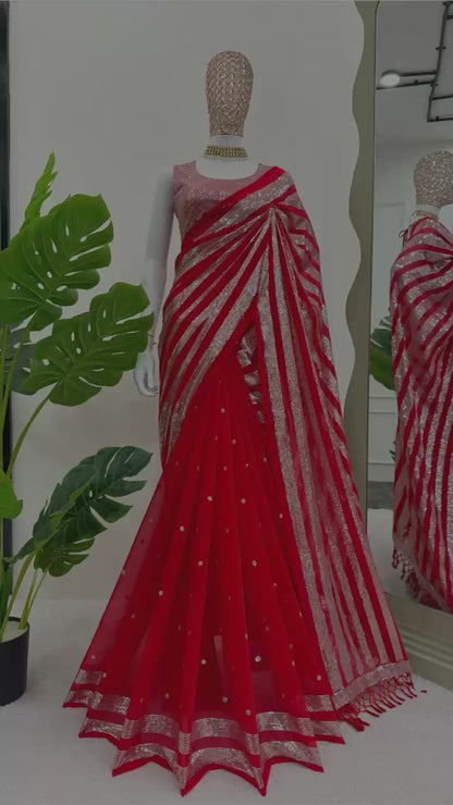 Party wear georgette Red color Sequence Work Saree