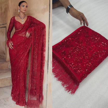 Red Soft Net Sequence Embroidary Work Party Wear Saree