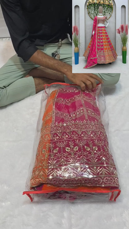 Designer Pink Orange Color Georgette Sequence Work Wedding Wear Lehenga