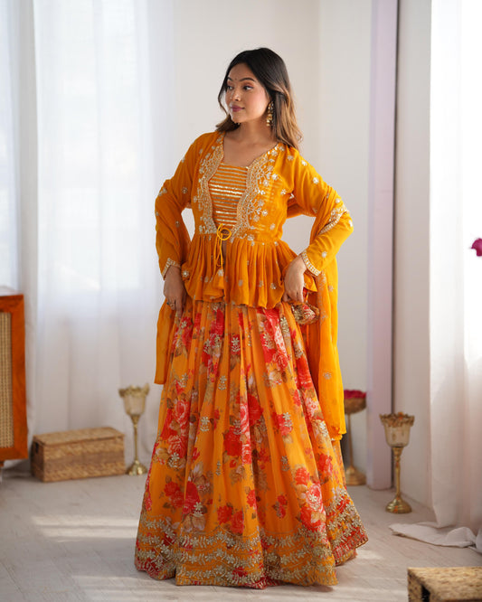 Orange Georgette Printed Stitched Jacket With Semi Stitched Lehenga Choli