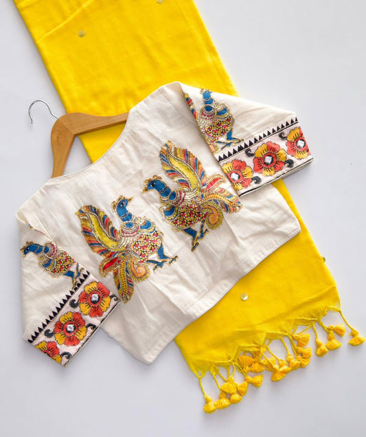 Pure Khadi Cotton Saree With Fully Stiched Peacock HandWork Blouse
