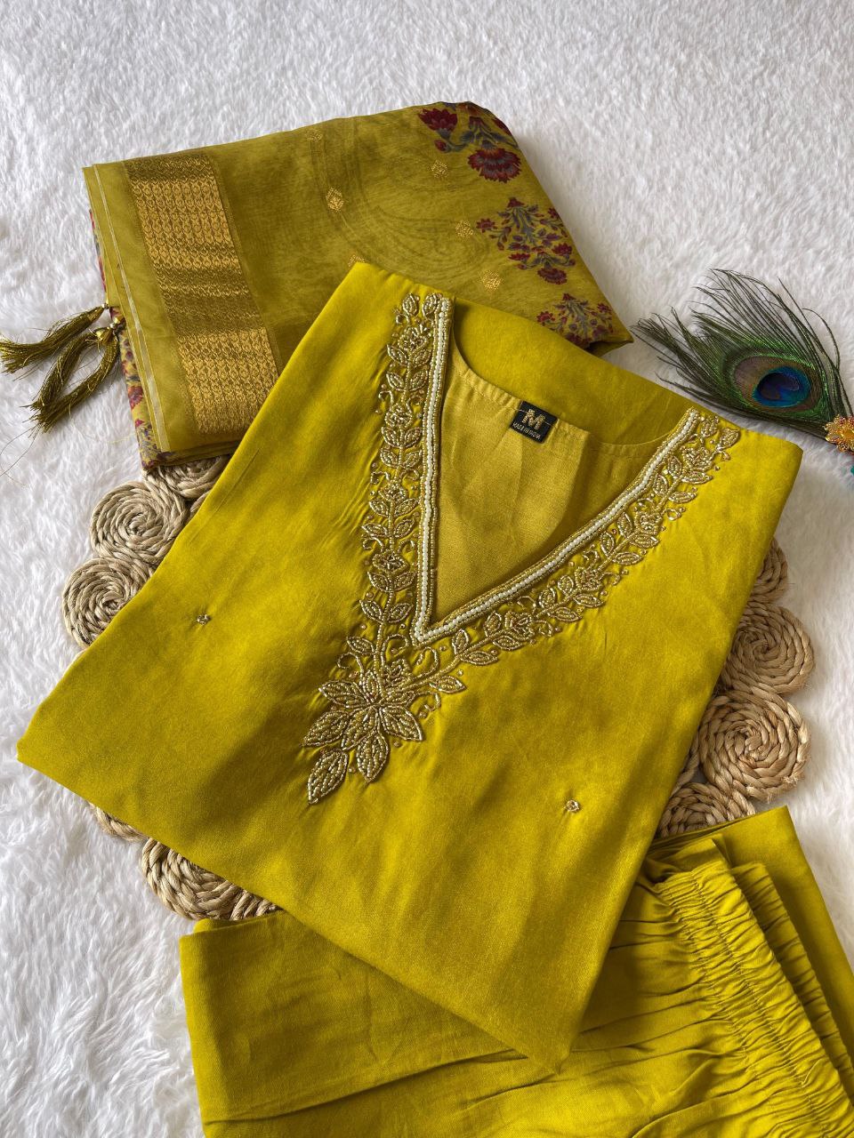 Designer Mehndi Green Cotton Silk Readymade Suit Set