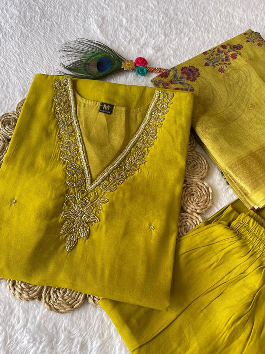 Designer Mehndi Green Cotton Silk Readymade Suit Set