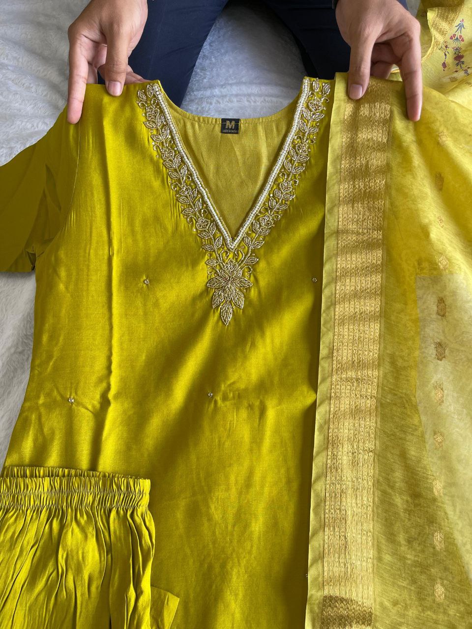 Designer Mehndi Green Cotton Silk Readymade Suit Set