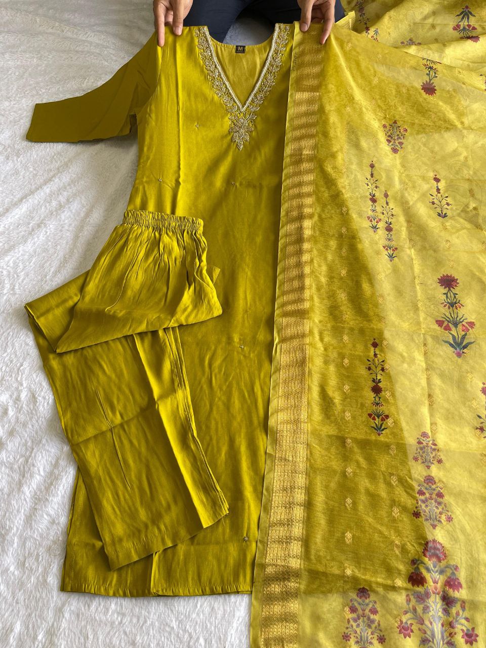 Designer Mehndi Green Cotton Silk Readymade Suit Set
