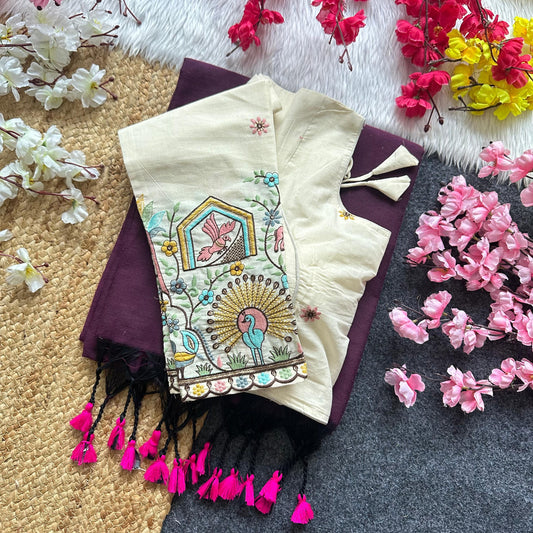 Wine Khadi Cotton Saree With Fully Stiched Designer Blouse