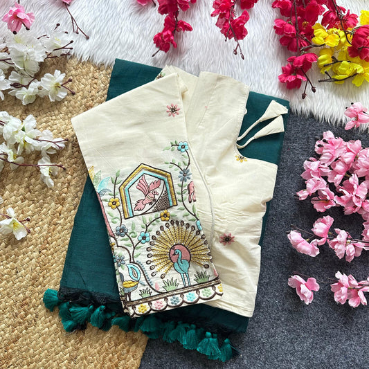 Rama Green Khadi Cotton Saree With Fully Stiched Designer Blouse