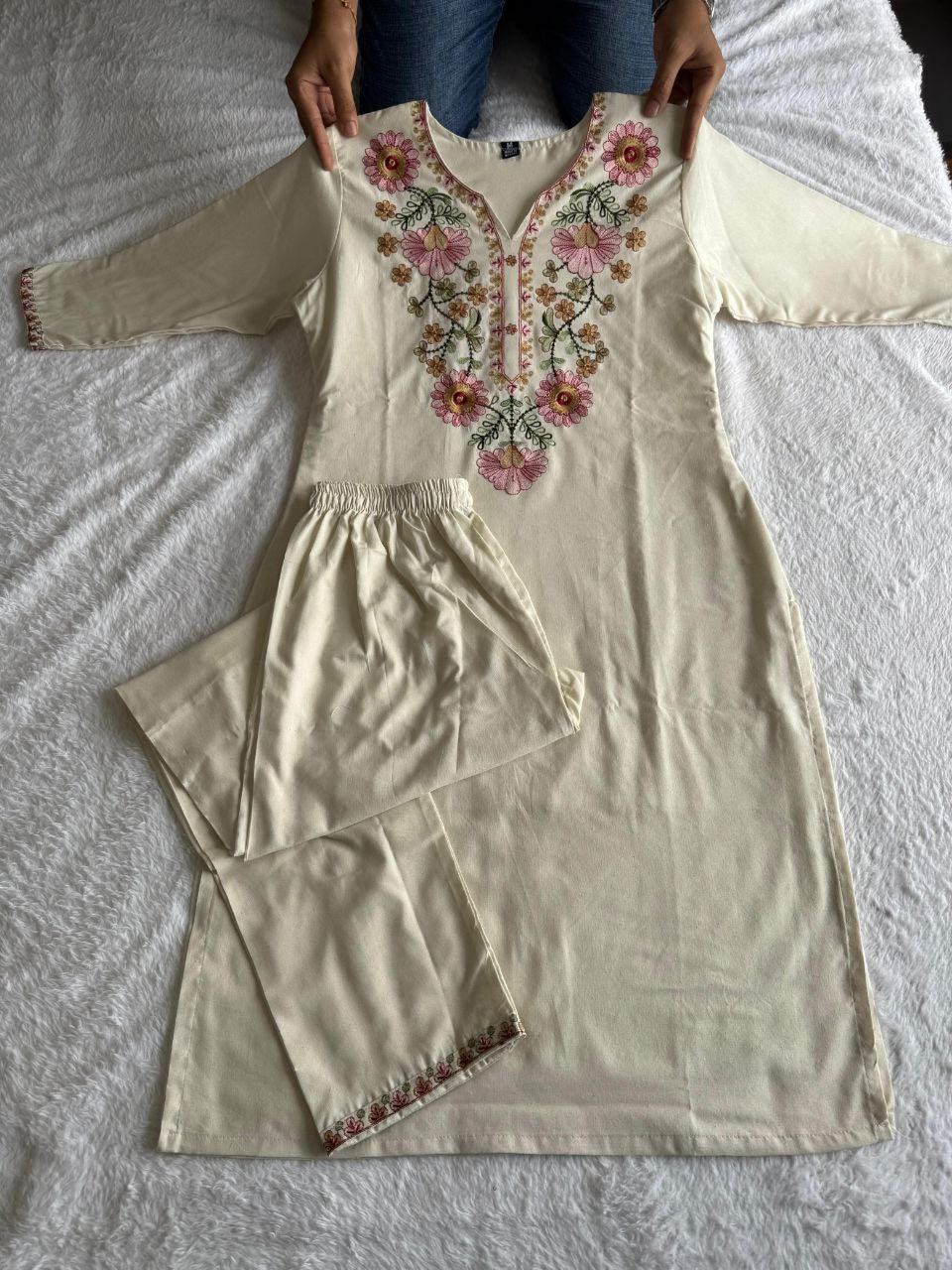Party Wear Khadi Cotton Thread Embroidered Ready to Wear Kurta Set