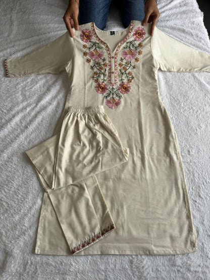 Party Wear Khadi Cotton Thread Embroidered Ready to Wear Kurta Set