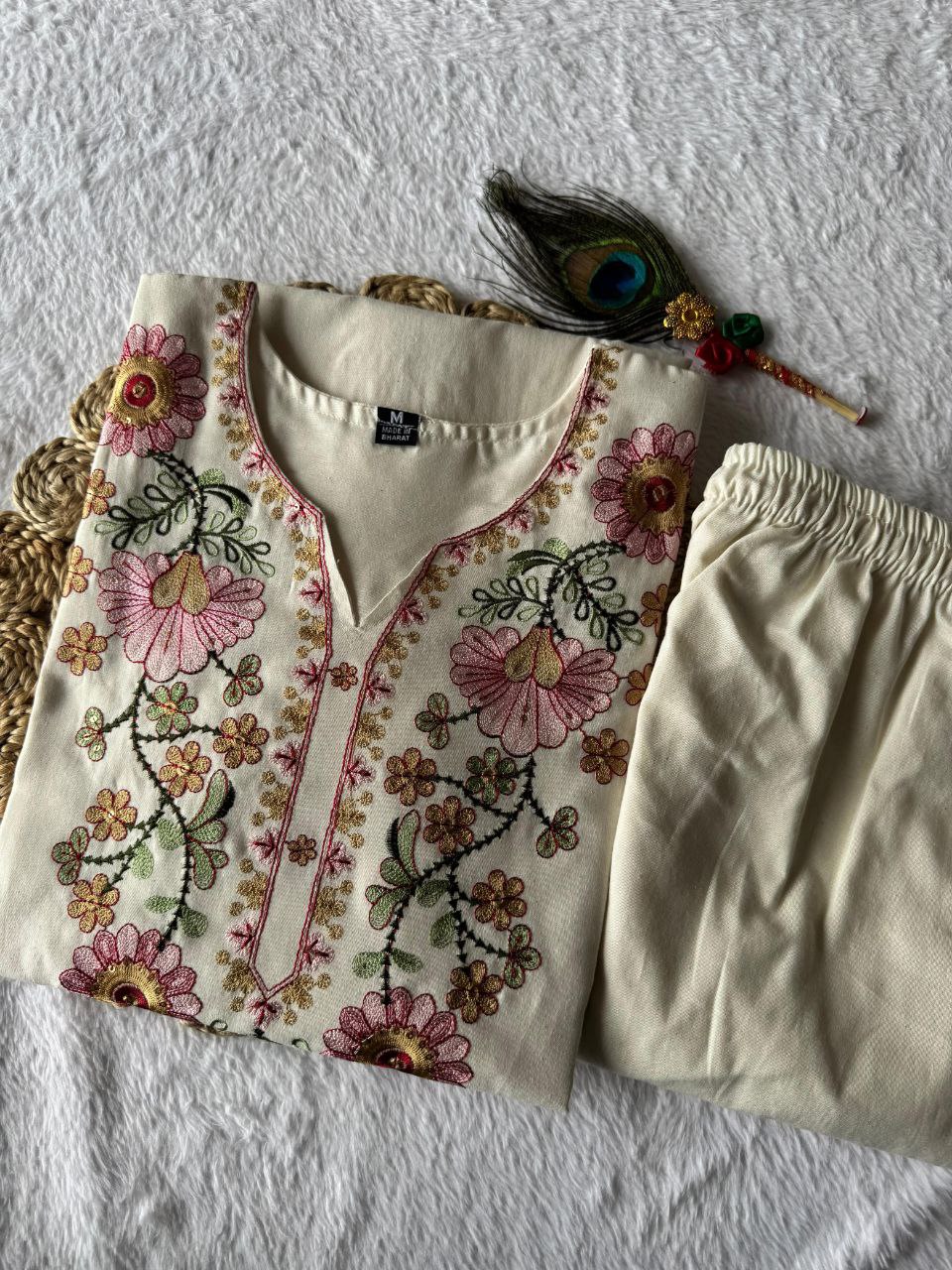 Party Wear Khadi Cotton Thread Embroidered Ready to Wear Kurta Set